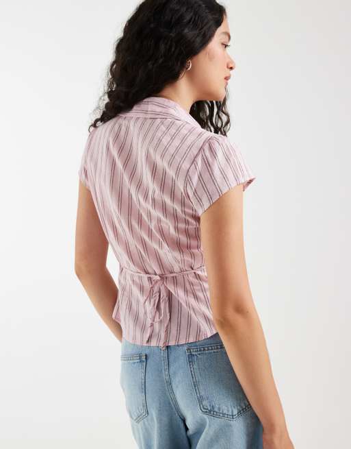 Hollister ruffle front short sleeve shirt in pink pinstripe, 4 of 4