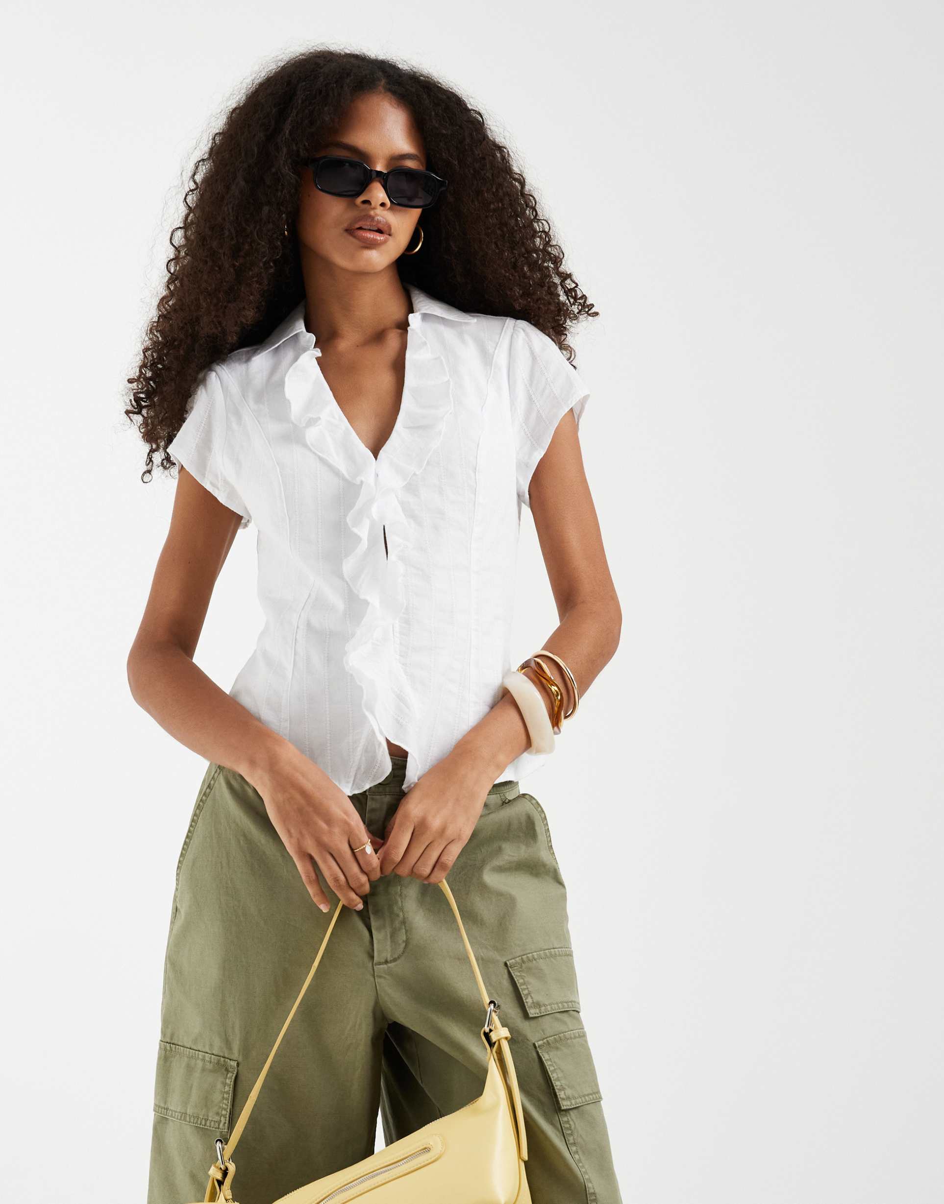 hollister ruffle front short sleeve shirt in white