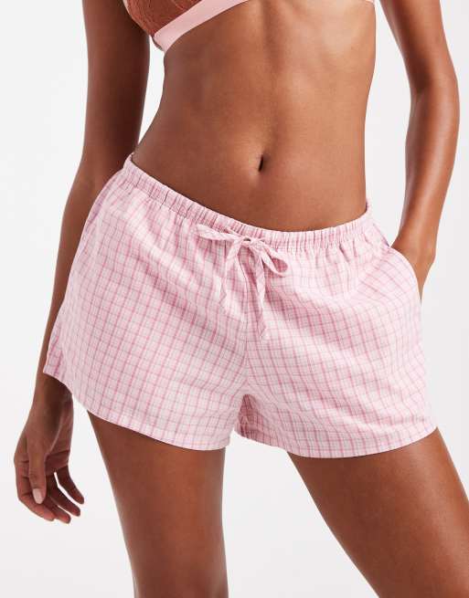 Hollister ruffle hem boxer pyjama shorts in pink check ASOS