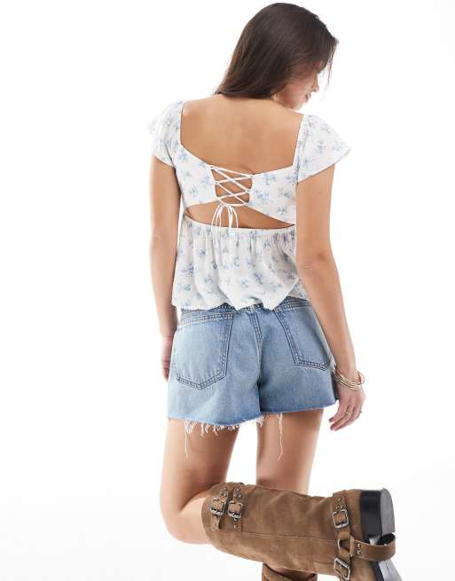 Hollister ruffle sleeve babydoll top in blue floral, 4 of 4
