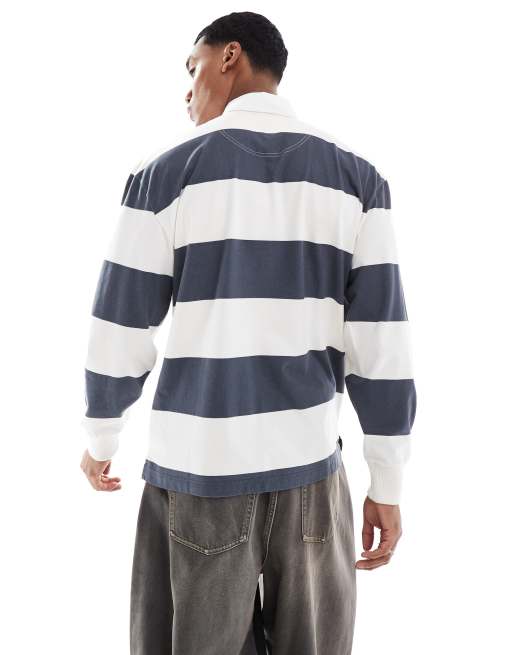 Hollister - Rugbytrøje med marineblå striber og college-logo, 2 af 4