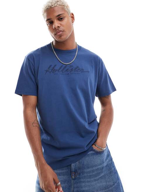 Hollister - Ruimvallend T-shirt in donkerblauw met print in dezelfde tint op de achterkant