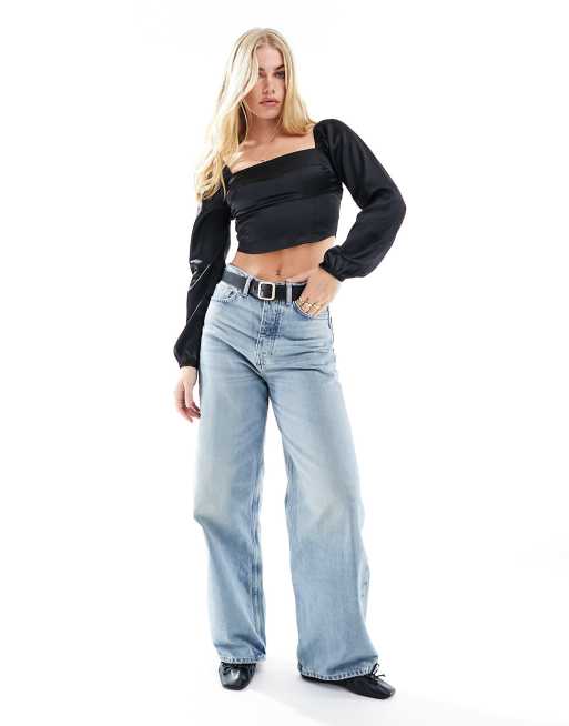 Hollister satin long sleeve top with square neckline in black