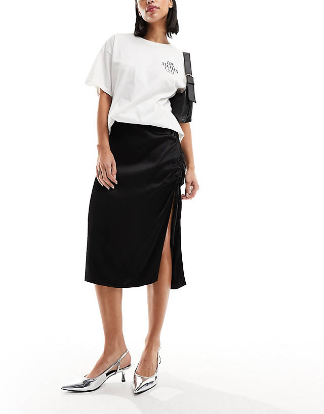 Hollister - satin midi skirt with side cinch in black