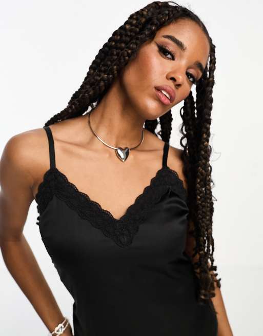 Hollister satin slip mini dress with lace trim in black