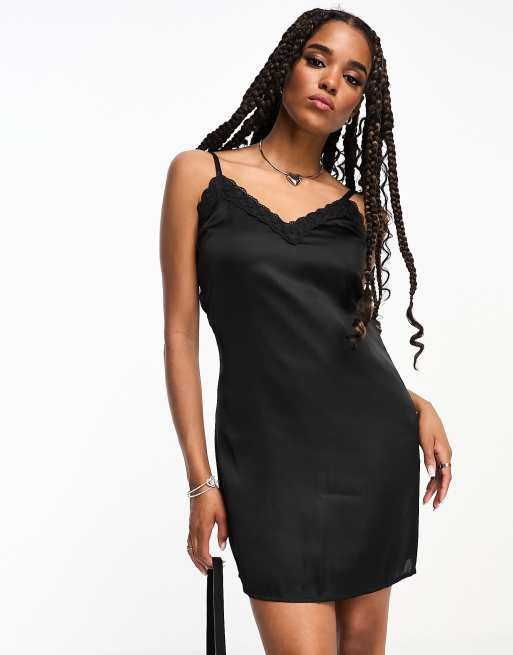 Hollister satin slip mini dress with lace trim in black