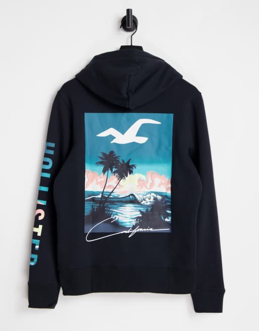 Hollister glow in the dark sleeve and back print logo hoodie in