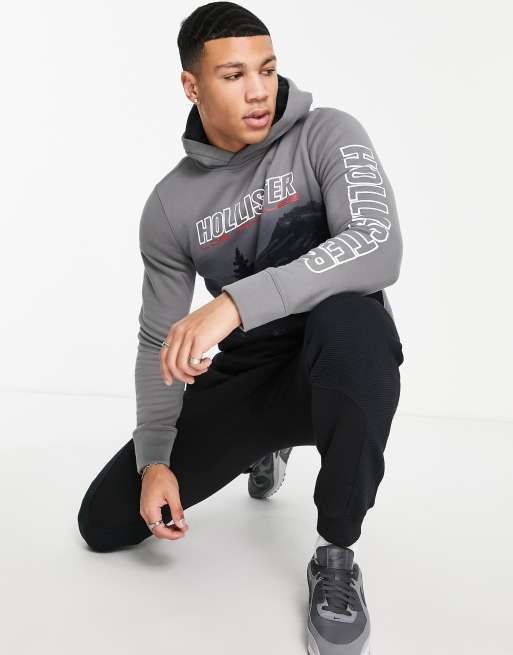 Hollister scenic logo print hoodie in dark gray		 