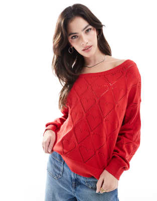 Hollister - Schulterfreier Pullover in Rot mit Erdbeermotiv