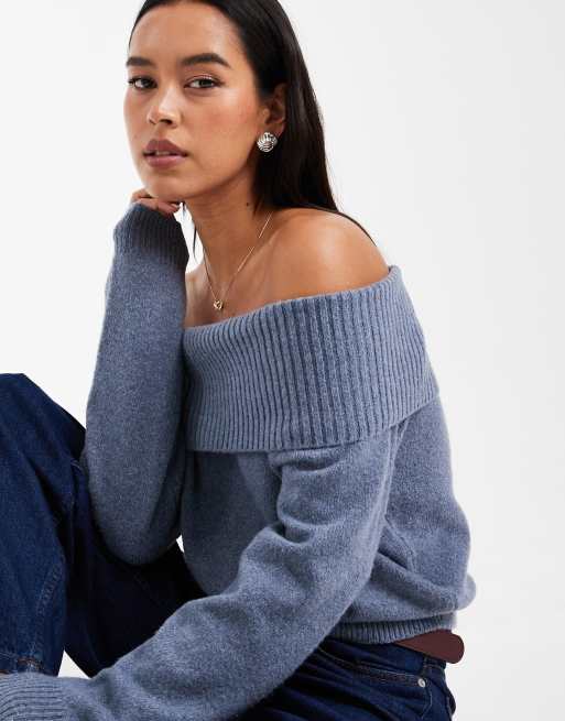 Hollister – Schulterfreier Strickpullover in Blau, 3 von 4