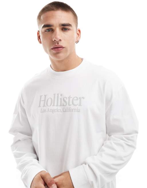 Hollister – Schweres, langärmliges Shirt in Weiß mit Logo und kastigem Schnitt