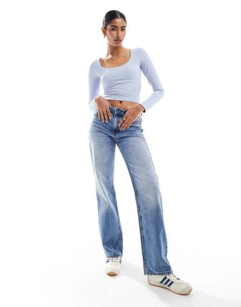 Hollister scoop neck long sleeve crop top in blue - view 1