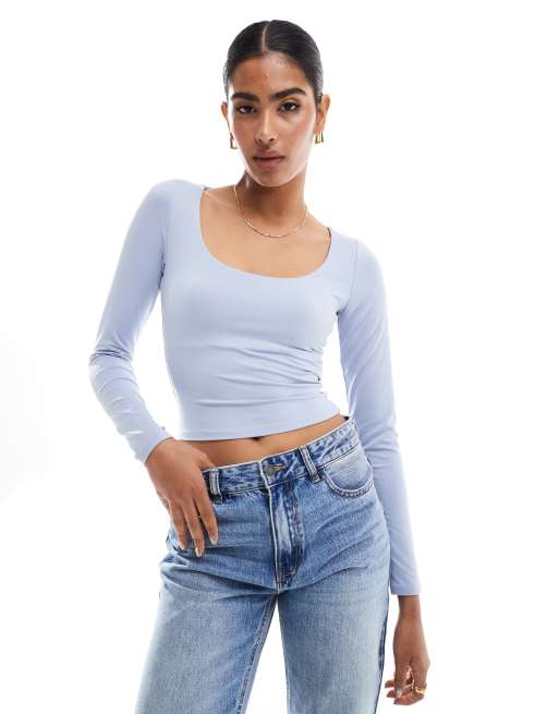 Hollister scoop neck long sleeve crop top in blue ASOS