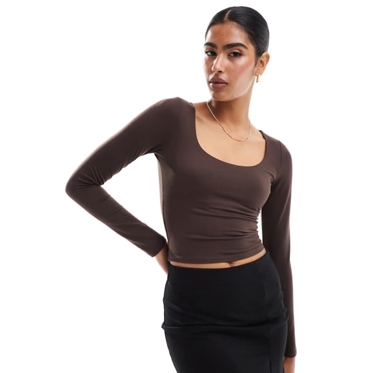 Hollister scoop neck long sleeve fitted top in chocolate ASOS