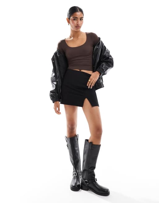 Hollister scoop neck long sleeve fitted top in chocolate, 2 of 4