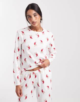 Hollister scoop neck long sleeve pyjama top co-ord in white stocking