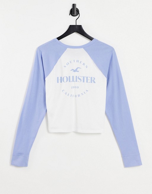 Hollister scoop neck long sleeve t shirt in white/blue