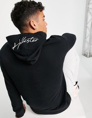 Hollister script central and hood logo hoodie in black - ASOS Price Checker