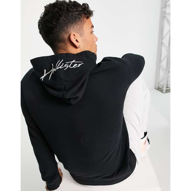 Hollister script central and hood logo hoodie in black ASOS