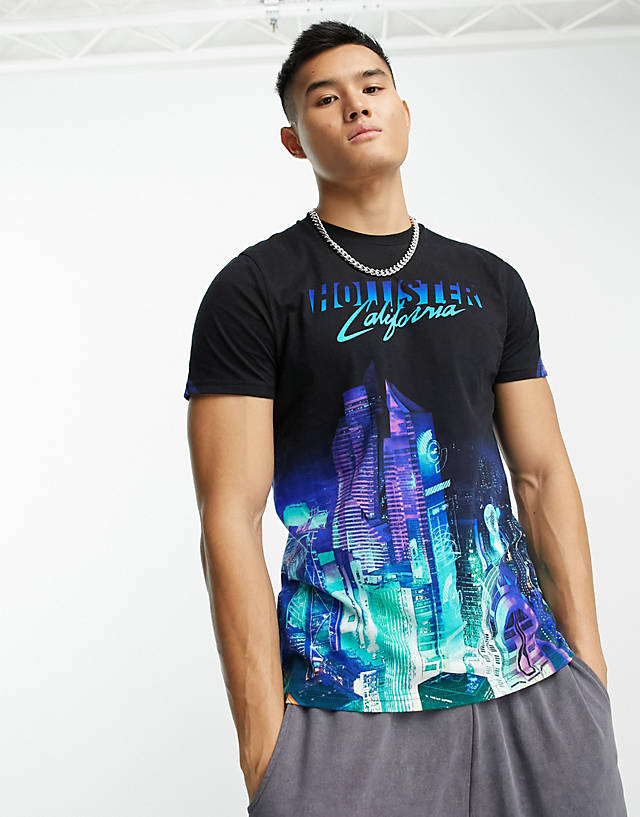 Hollister - script logo city scenic print t-shirt in black
