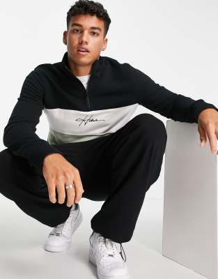 Hollister Script Logo Color Block Half Zip Sweatshirt In Black | ModeSens