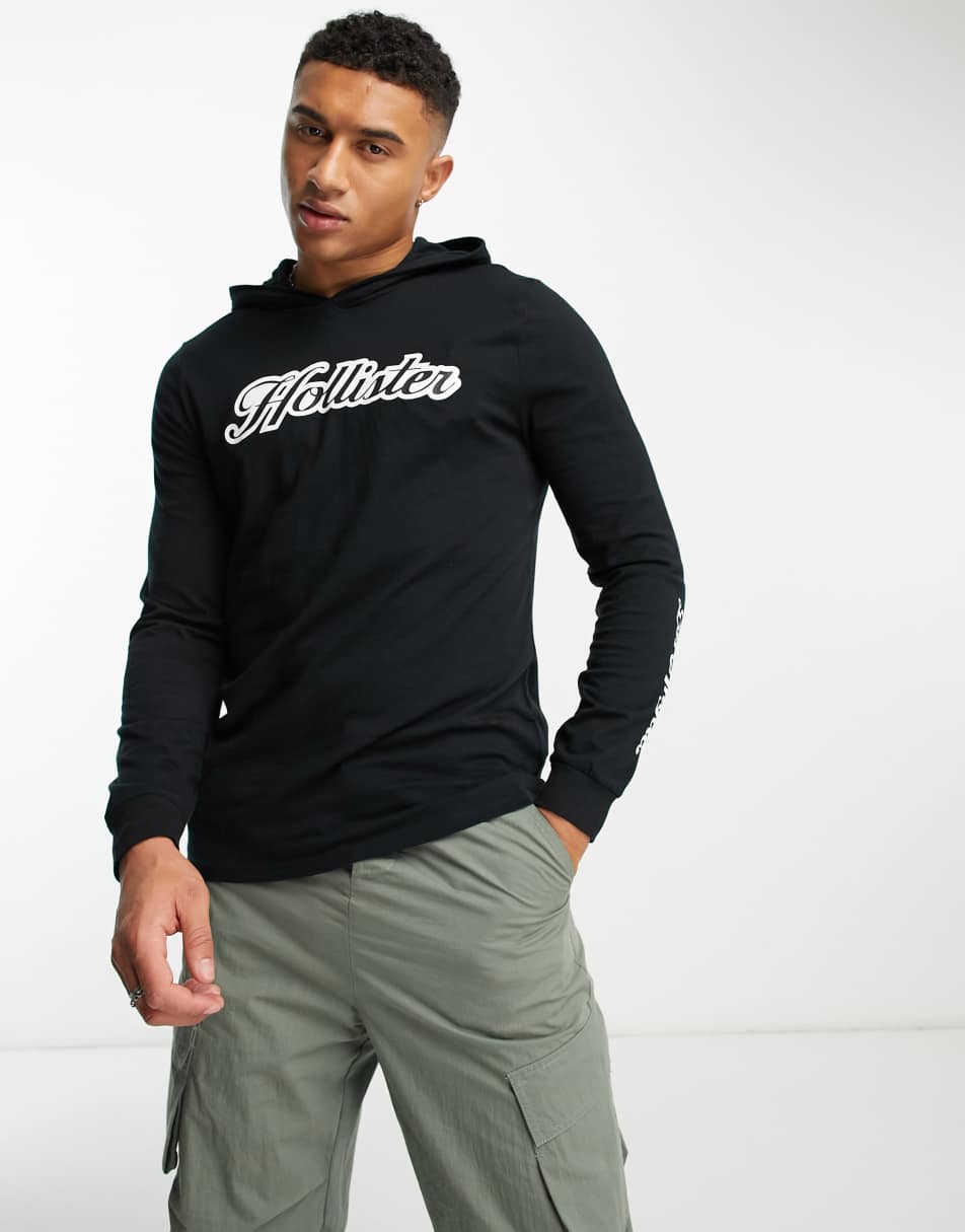 Hollister script logo hooded long sleeve top in black