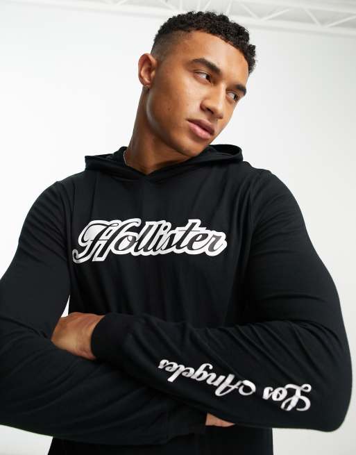 Hollister script logo hooded long sleeve top in black