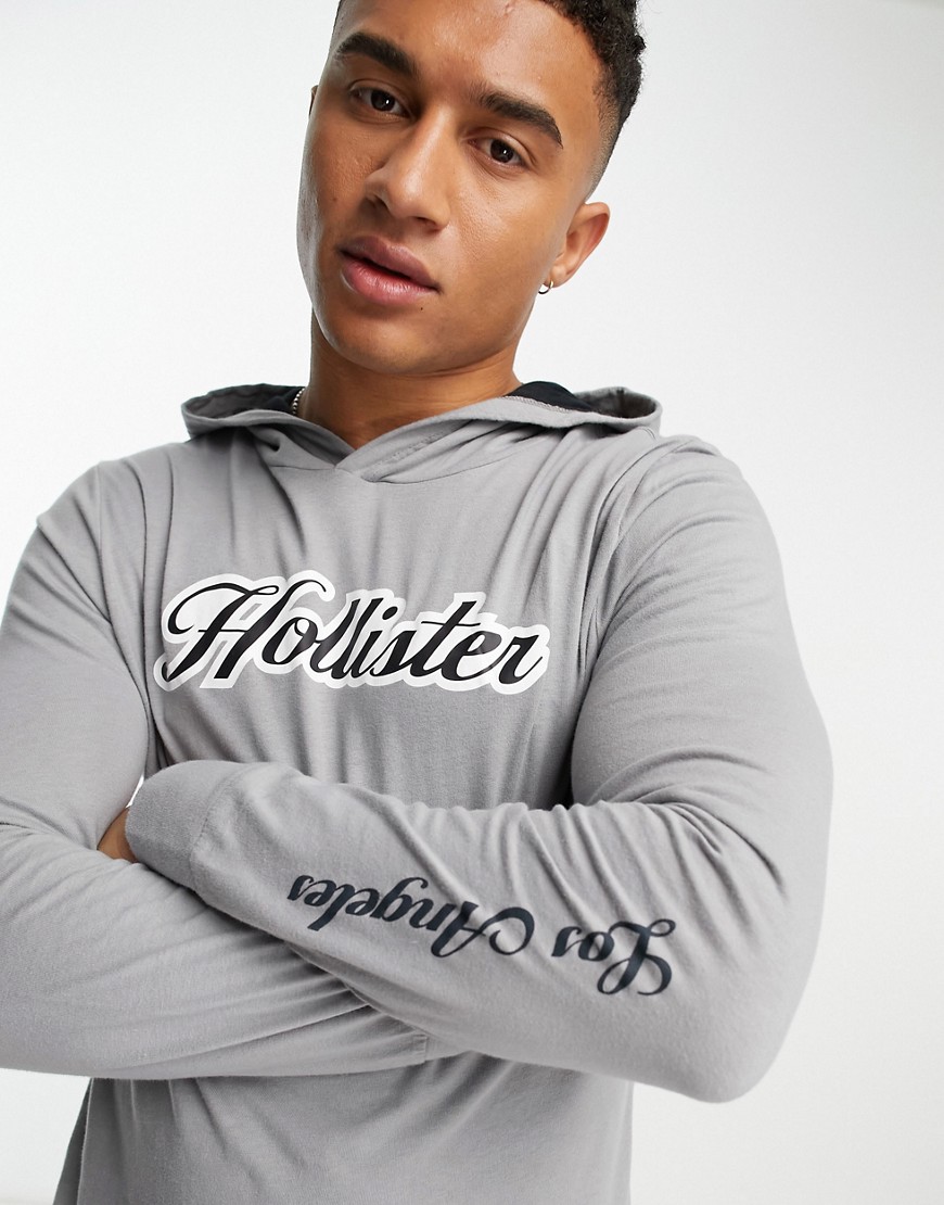Hollister script logo hooded long sleeve top in grey