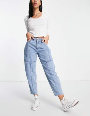 Hollister seam detail boyfriend jeans in mid wash blue