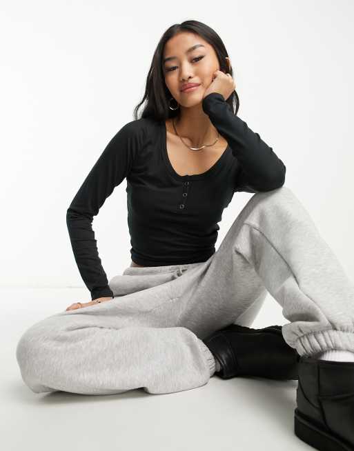 Hollister seamless henley long sleeve top in black ASOS