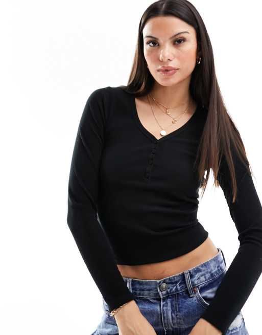 Hollister seamless henley long sleeve top in black