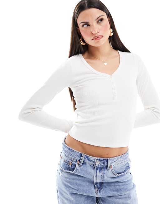 HOLLISTER WOMEN'S LONG SLEEVE CROPPED HENLEY Top Shirt Ribbed Cream Size XS  New