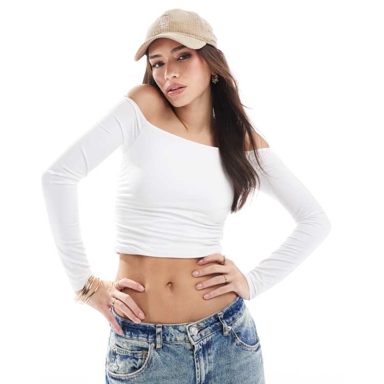 Hollister seamless long sleeve shirred off the shoulder wrap top in white ASOS