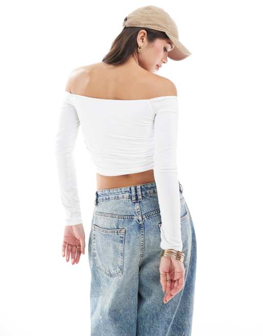Hollister seamless long sleeve shirred off the shoulder wrap top in white ASOS