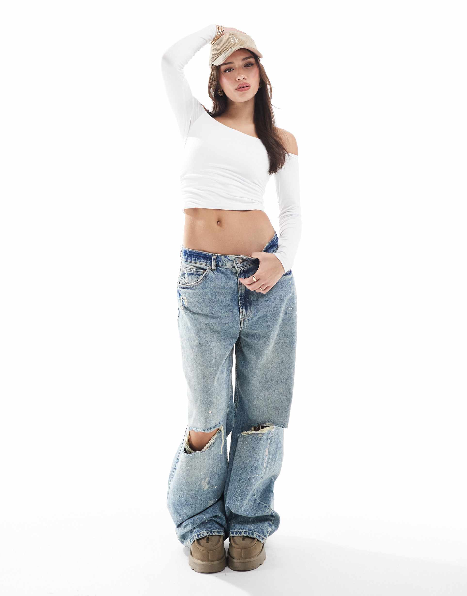 hollister seamless long sleeve shirred off the shoulder wrap top in white