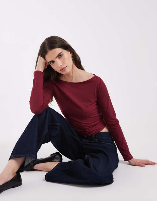 Hollister seamless long sleeve slash neck top in burgundy, 1 of 4