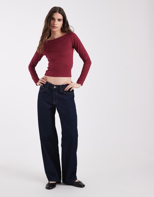 Hollister seamless long sleeve slash neck top in burgundy, 3 of 4