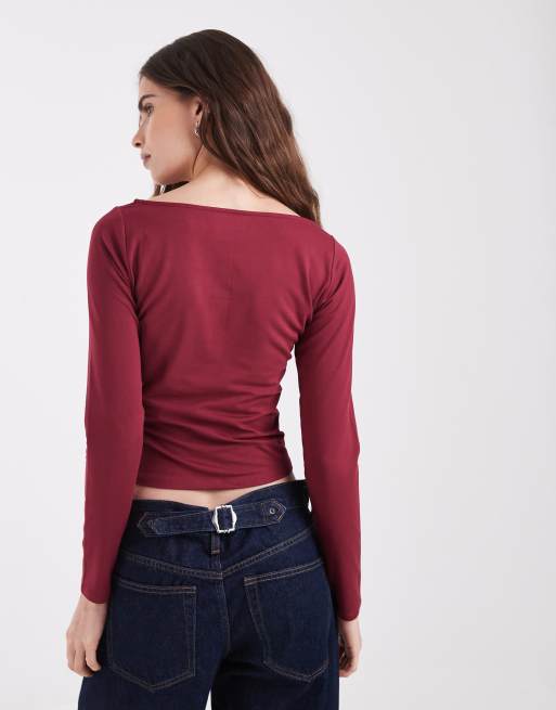 Hollister seamless long sleeve slash neck top in burgundy, 4 of 4