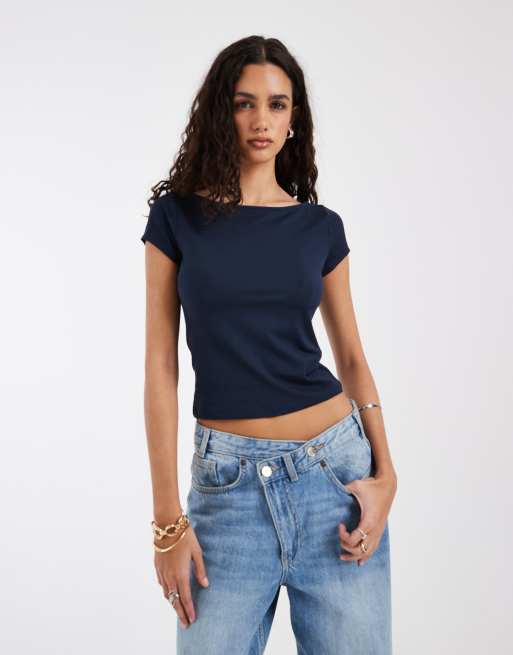 Hollister seamless slash neck top in navy, 3 of 4