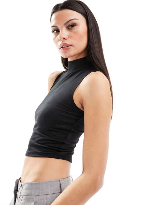 SLEEVELESS MOCK NECK TOP: BLACK