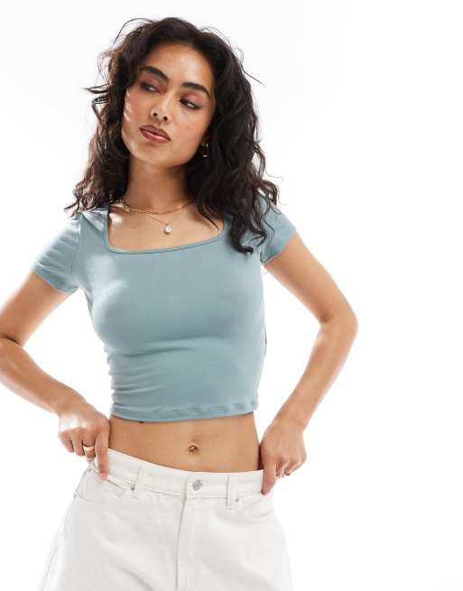 Hollister seamless square neck t-shirt in grey/blue, 3 of 4