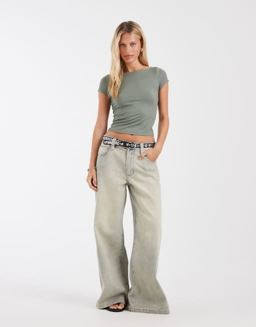 Hollister seamless topp med sned halsringning i khaki, 4 av 4