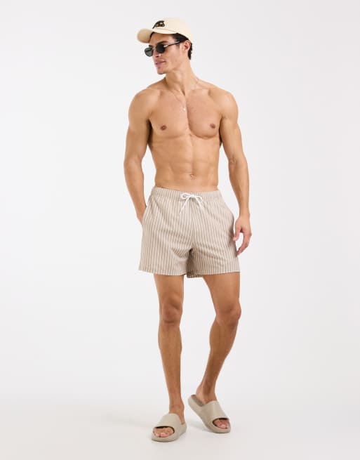 Hollister – Seersucker-Badeshorts in Beige gestreift, 2 von 5