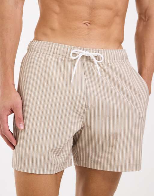 Hollister – Seersucker-Badeshorts in Beige gestreift, 4 von 5