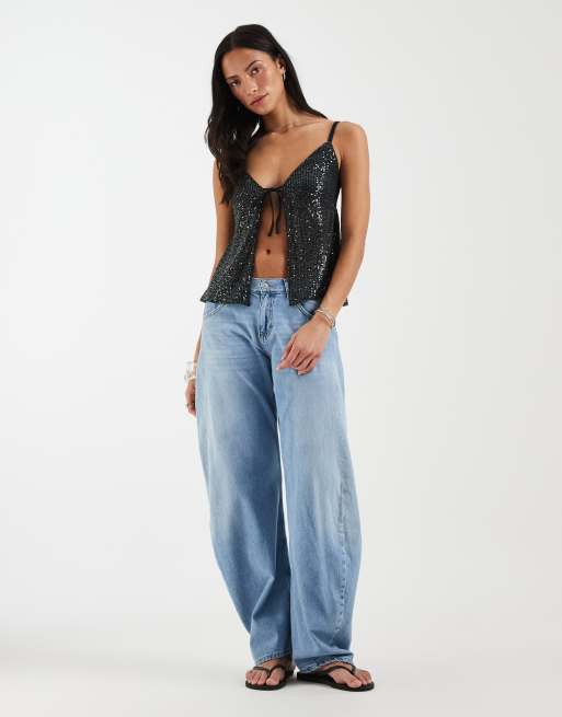 Hollister sequin tie front babydoll cami in black, 3 of 4