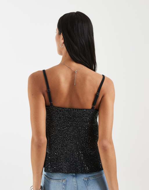 Hollister sequin tie front babydoll cami in black, 4 of 4