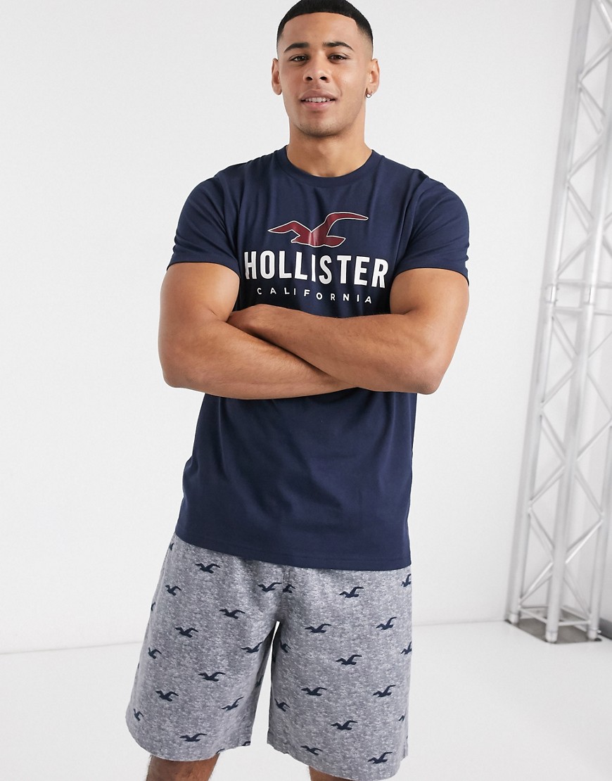 Hollister - Set regalo con completo da casa composto da  pantaloncini iconici e T-shirt con logo blu navy/grigio