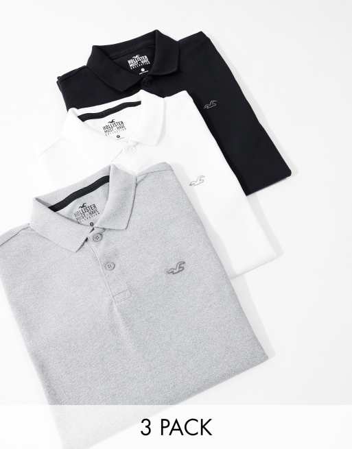 Hollister - Set van 3 piqué polo's met icoonlogo in zwart/grijs/wit