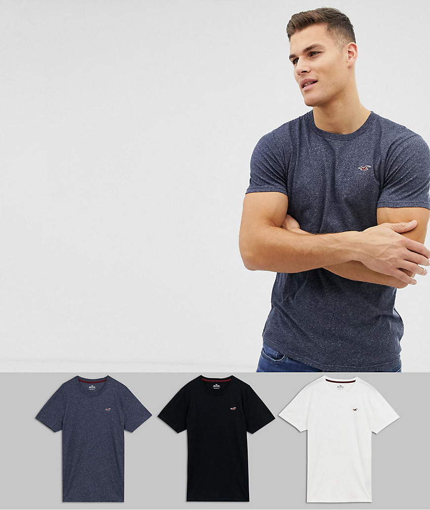 Hollister - Set van 3 slim-fit T-shirts met ronde hals en zeemeeuwlogo in wit/gemêleerd marineblauw/zwart-Multi