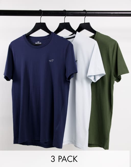Hollister - Set van 3 T-shirts met iconisch logo in marineblauw/groen/blauw